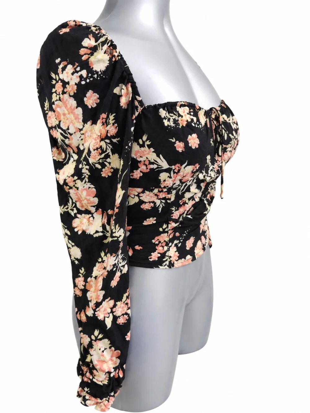 Free People Medium Floral Smocked Back Corset Crop Blouse Boho Puff Sleeve EUC